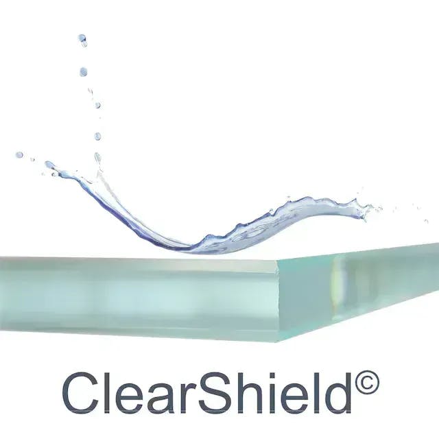 Glass panel with water bouncing off of it with the text "clearshield" underneath it
