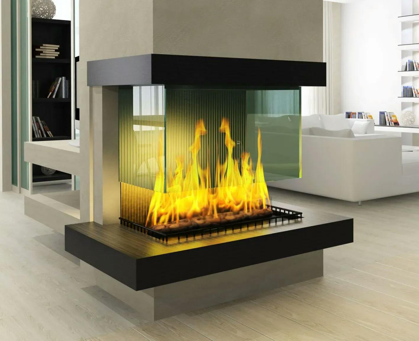 Living room setting with a modern fireplace featuring a burning fire, with the fireplace glass panel suspended from the top of the column