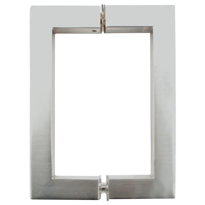 Square chrome handle displayed against a white background