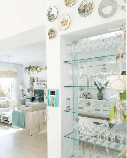 Glass display shelving with custom glass storage for table tops and mirrors