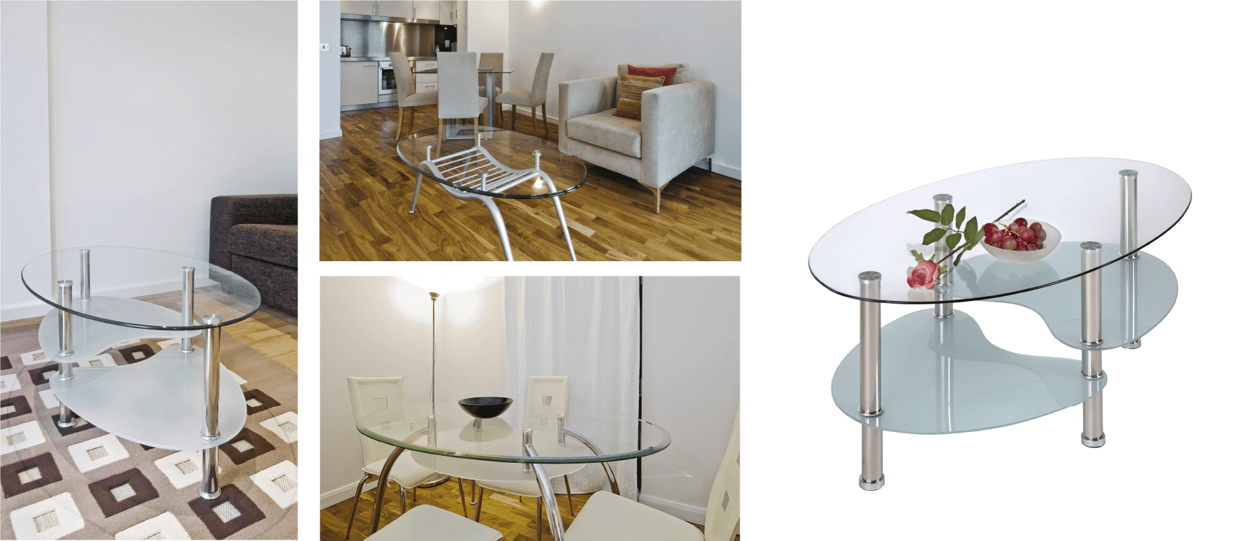 Four pictures showcasing glass table and chairs with sleek designs and transparent glass tabletops.