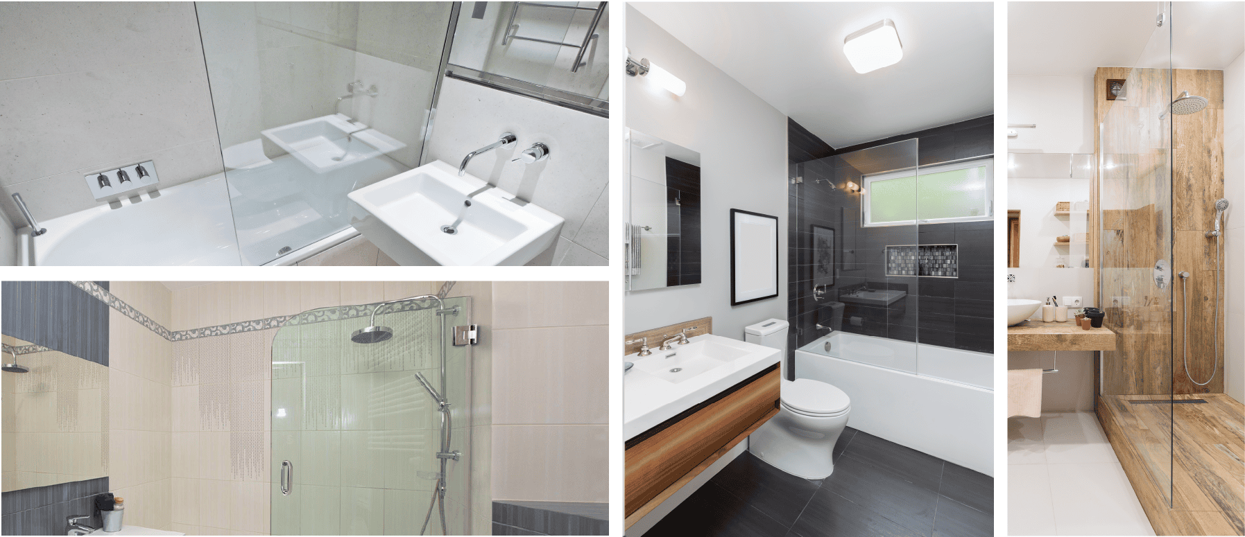 Four bathroom images with shower, toilet, sink, and glass doors.