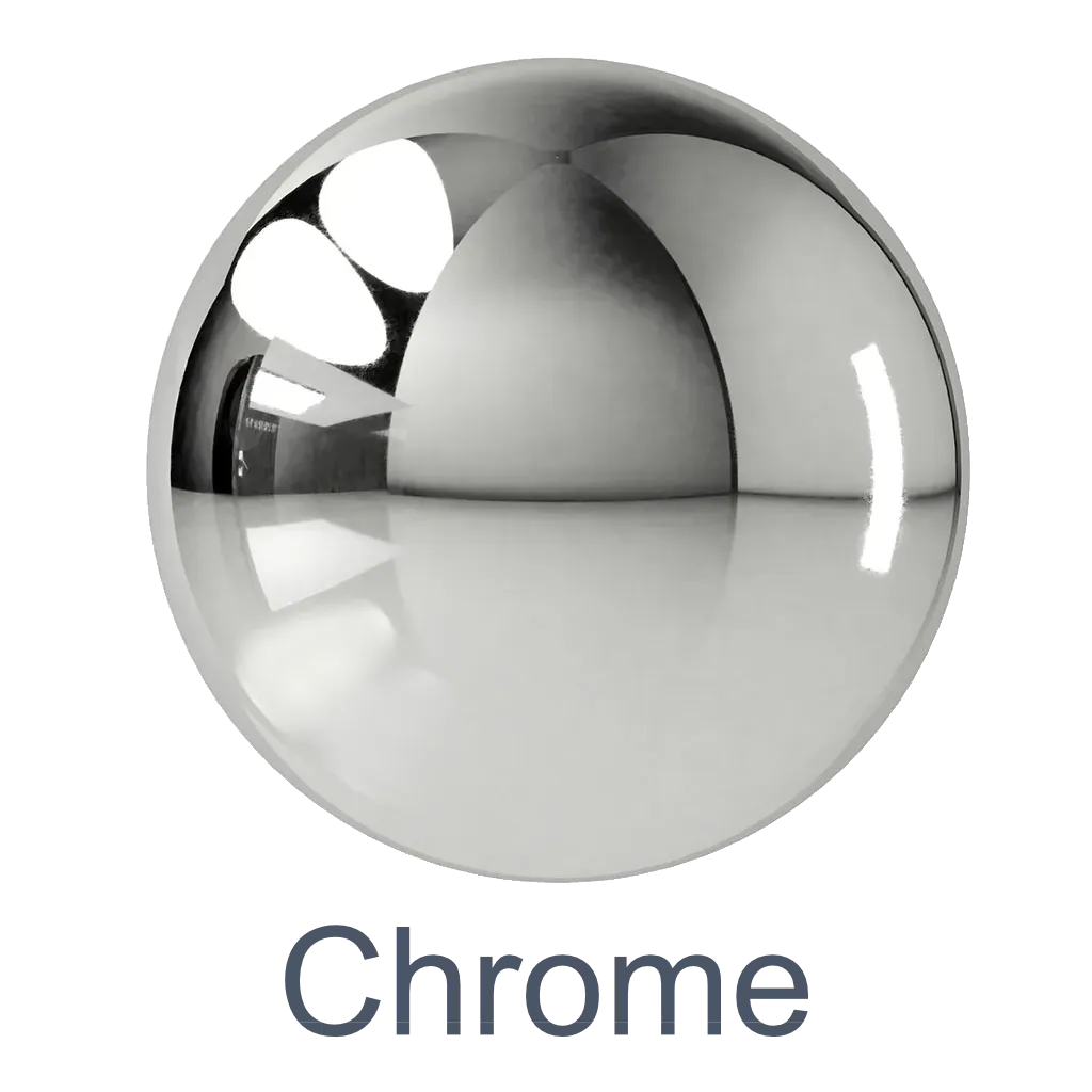Reflective chrome sphere showcasing custom glass finishes, relevant to shower doors, table tops, mirrors, tempered glass, and beveled glass edges.