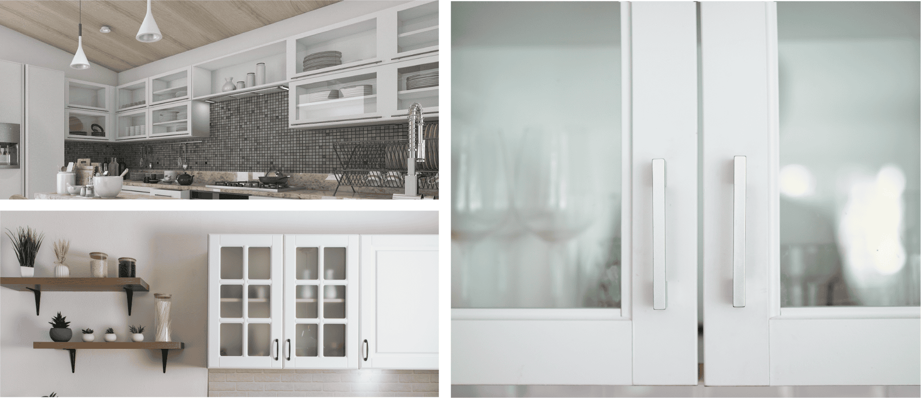 Three kitchen cabinet designs with glass doors for modern homes.