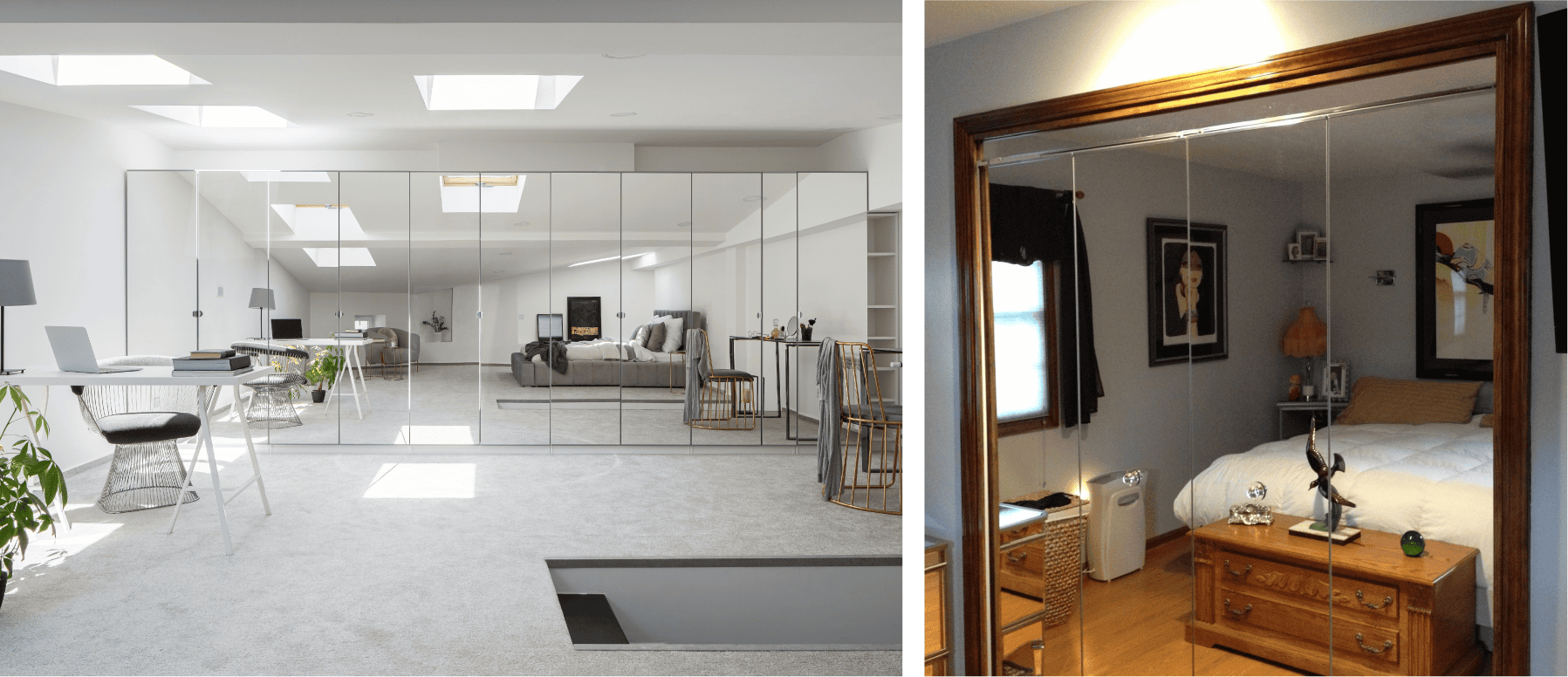 Two cozy rooms with mirror closet doors - a bedroom and a living room.