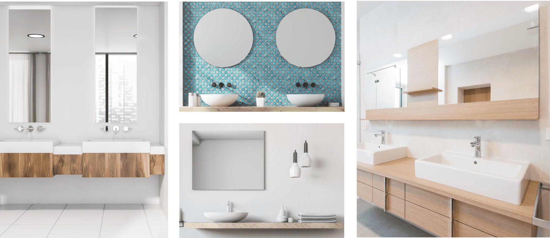 three images of mirrors installed into modern bathrooms