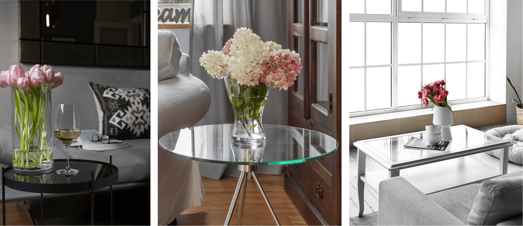 Three images of glass tabletops in living rooms with vases of flowers resting on top of them