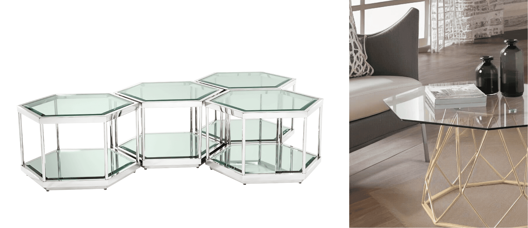 Two hexagonal tables with glass tabletops mounted on top 