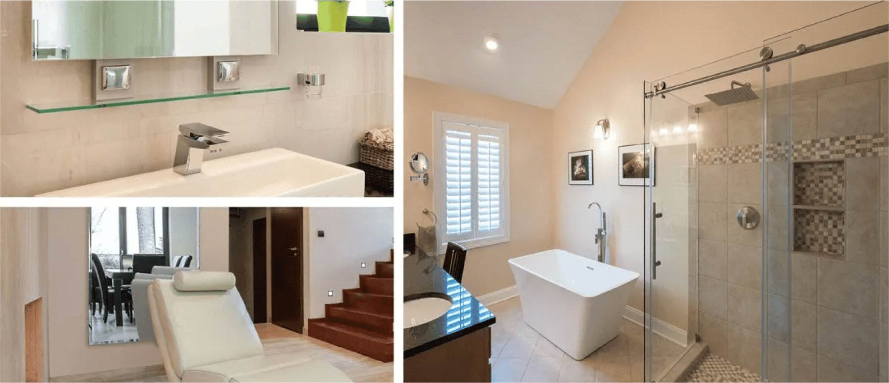 A collage of bathroom, shower, and bathtub pictures showcasing glas, mirror, and shower door ideas for hotels.