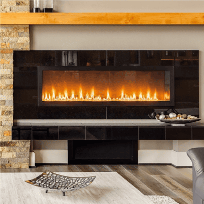 A cozy modern fireplace with a warm fire burning inside. 