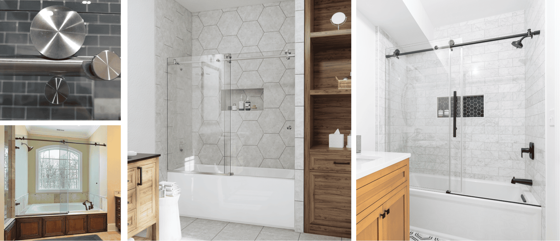 A compilation of diverse bathroom designs and fixtures, highlighted by a metro sliding bathtub door adorned with oil bronzed and brushed nickel hardware.