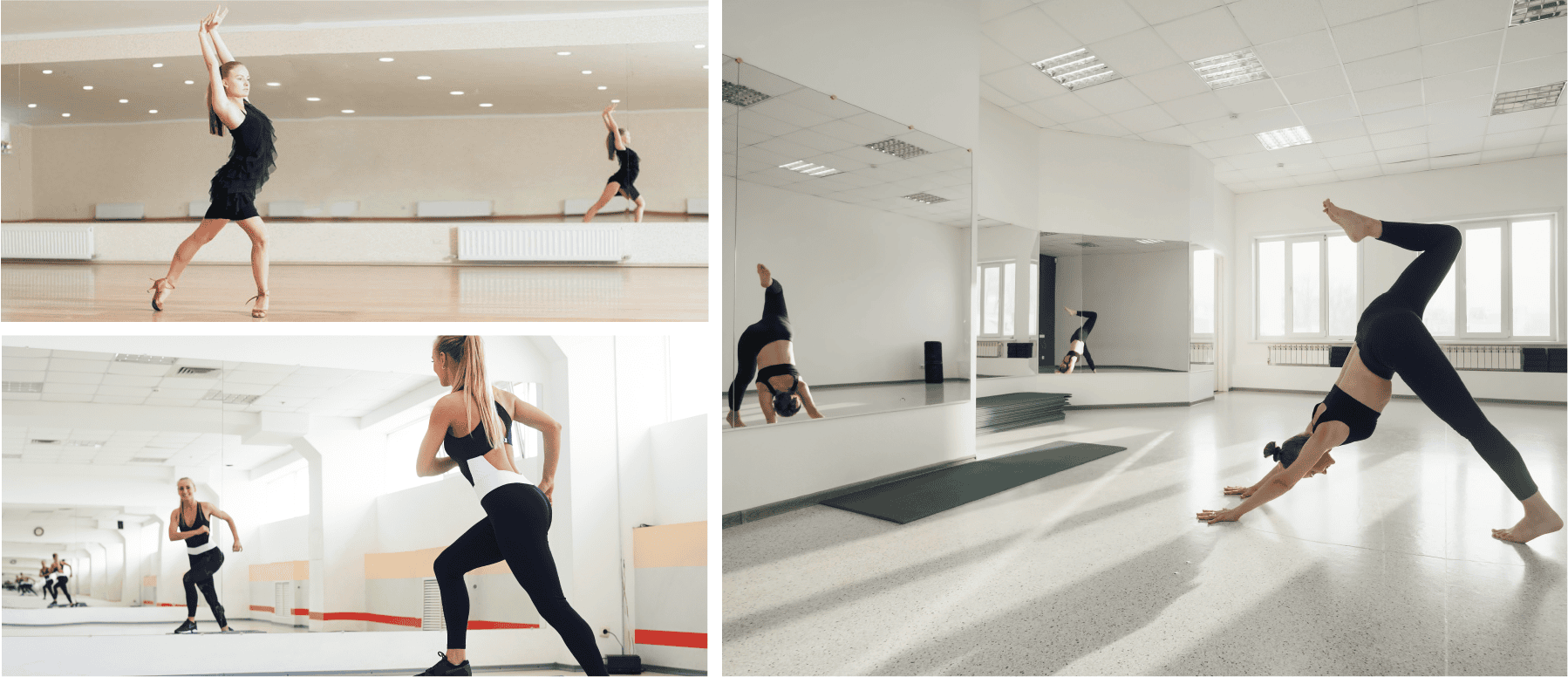 A series of three pictures showcasing people performing yoga in a gym, with a gym mirror reflecting their movements.