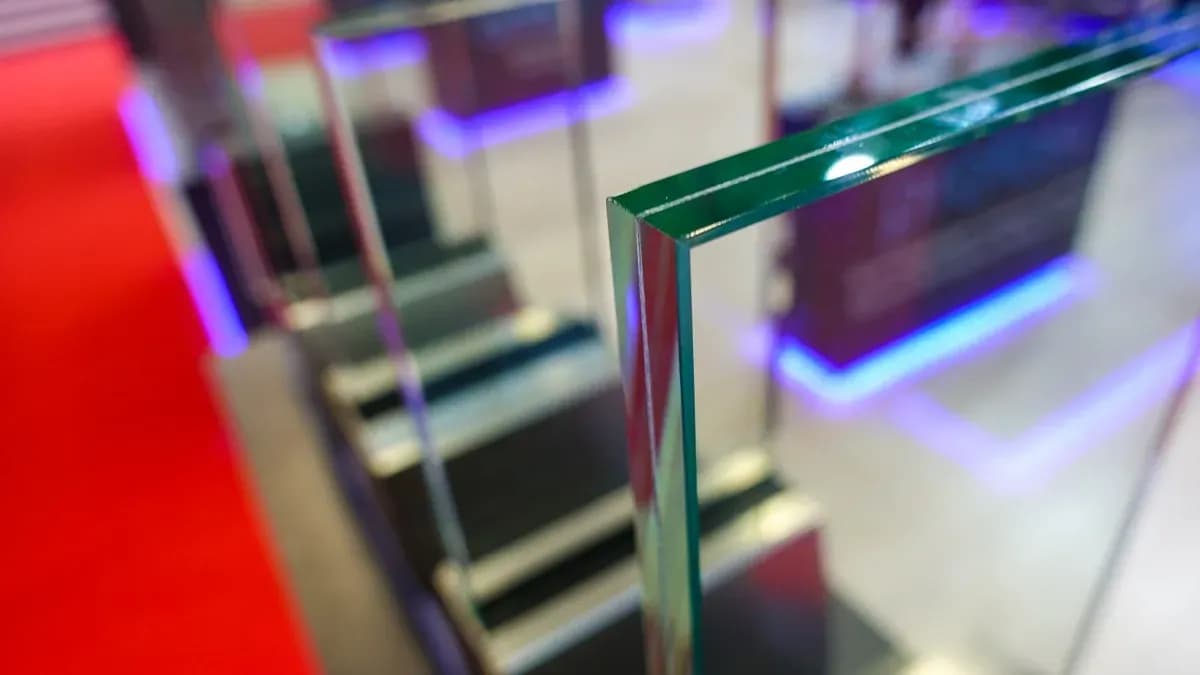 Tempered glass with beveled edges, showcasing high-quality custom glass for shower doors, table tops, and mirrors, highlighted against a vibrant backdrop.