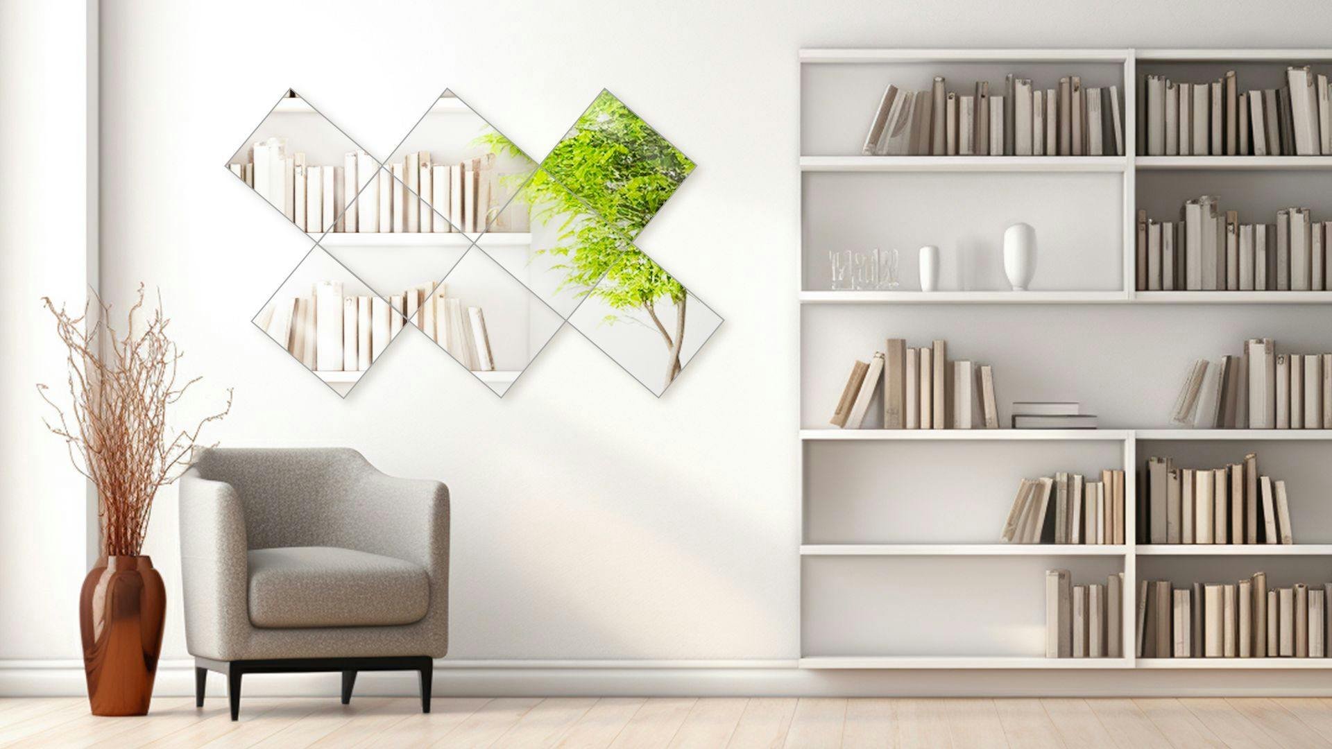 Foyer wall adorned with mirror tiles next to a book shelf