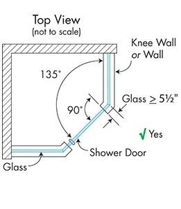 Top view diagram showing glass installation for shower doors, including angles for custom glass fitting with measurements indicating tempered glass requirements.