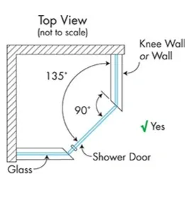 Diagram illustrating a top view of a shower door design, highlighting angles for custom glass installation, relevant for tempered and beveled glass applications.