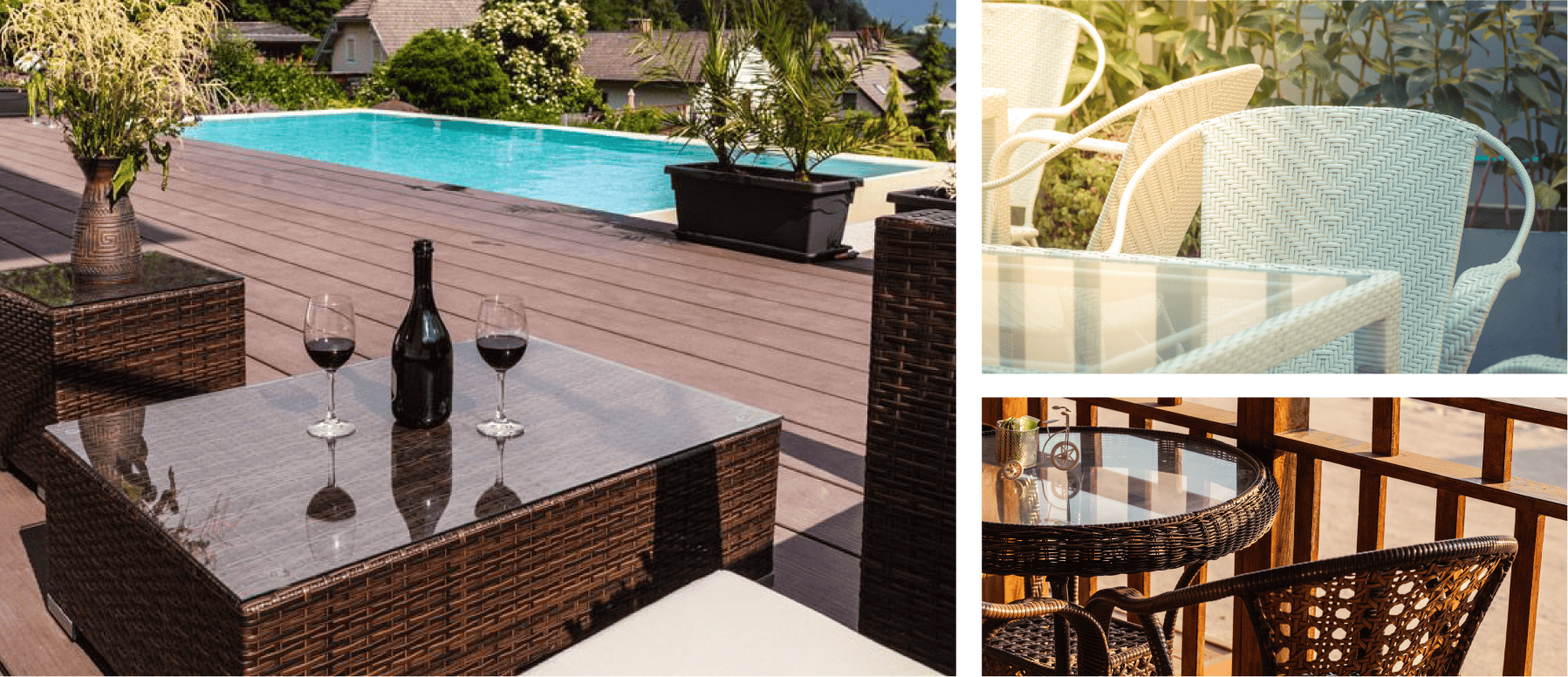 A collage of images featuring a pool, outdoor furniture, and a wine glass on a patio, with a glass cover on the patio table.
