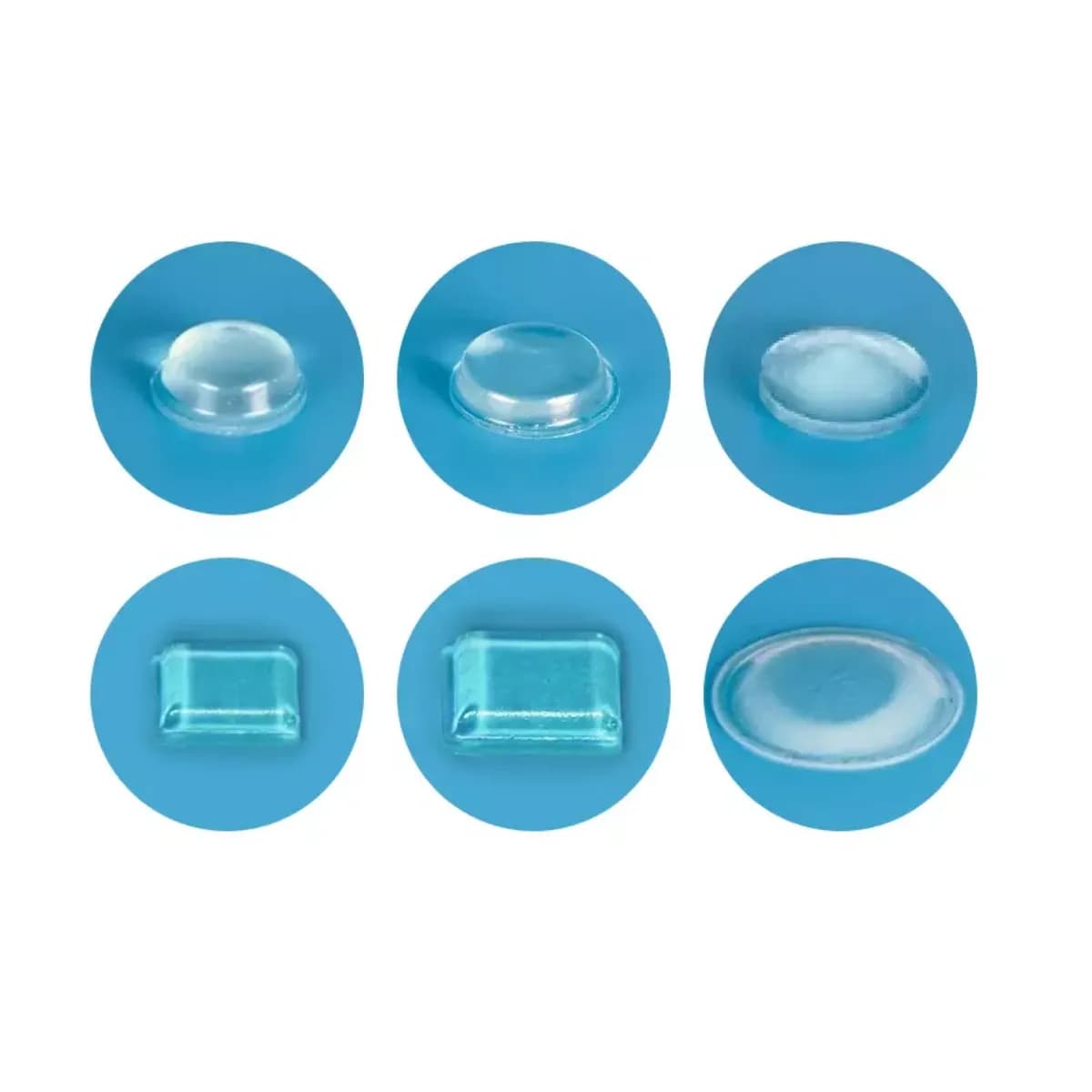 various shapes of glass samples including dome, flat, and rectangular designs for custom glass applications in shower doors, table tops, and mirrors, showcasing tempered and beveled glass edges.