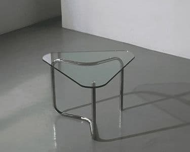 Custom glass table top with a unique triangular design and sleek metal legs, showcasing clear tempered glass construction.