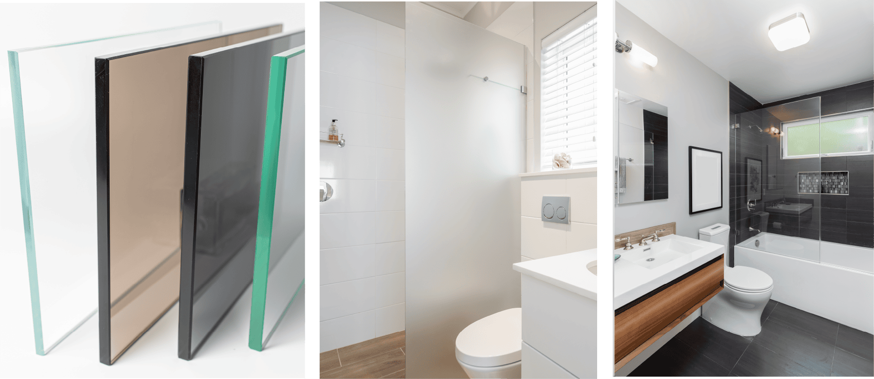 Three images: different glass types, a frosted glass shower door, and a bathtub with a clear glass panel