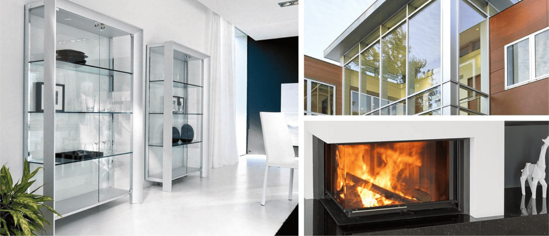 Three pictures feature a house with a fireplace and glass shelves, showcasing different choices for fireplace and window glass, as well as glass shelves.