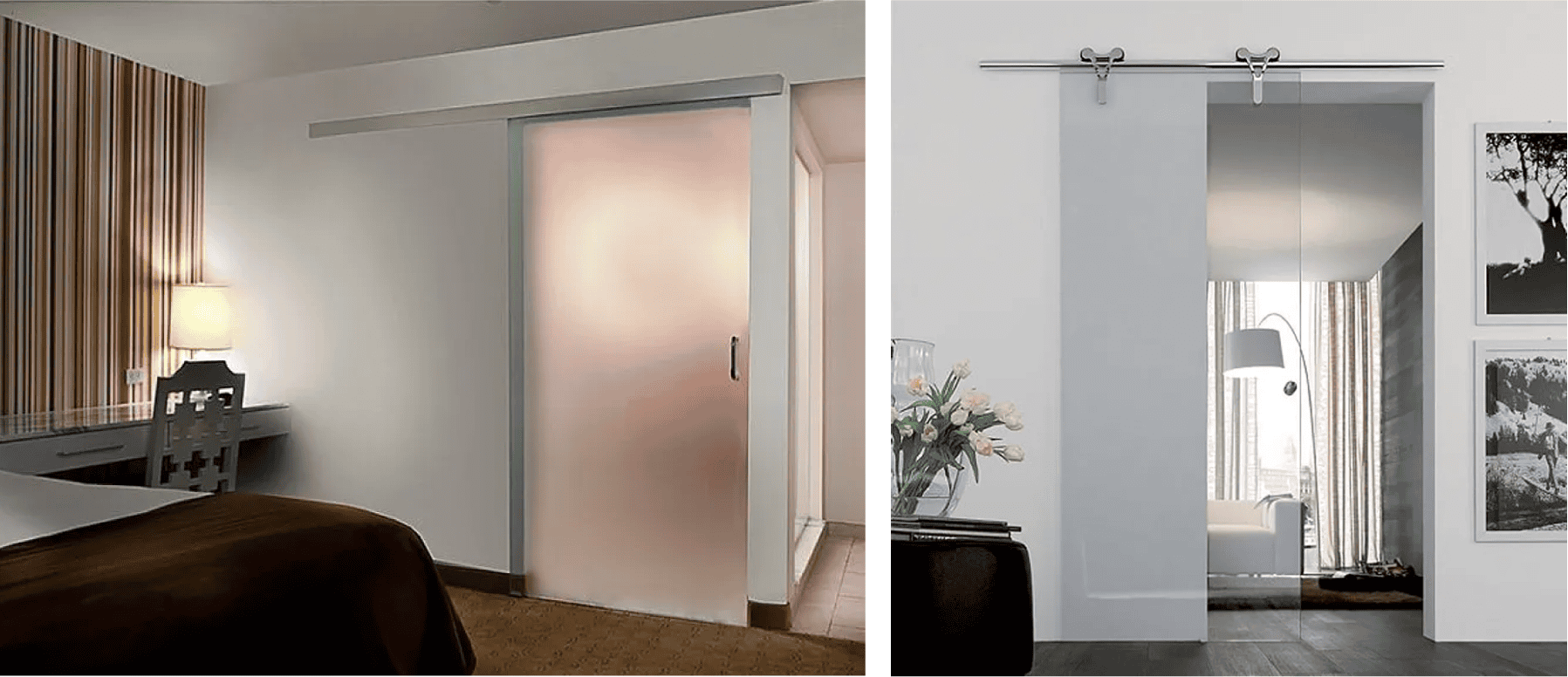 two images of sliding glass doors in frosted and clear glass