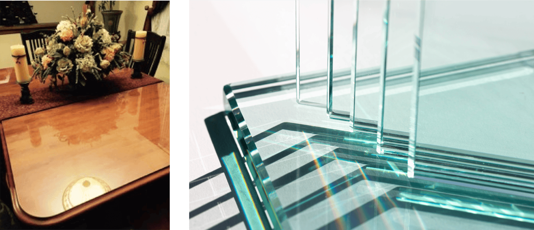 two images, 1st being Glass tabletop laid on top of wooden table with vase of flowers resting on them. 2nd image is of clear glass samples catching light
