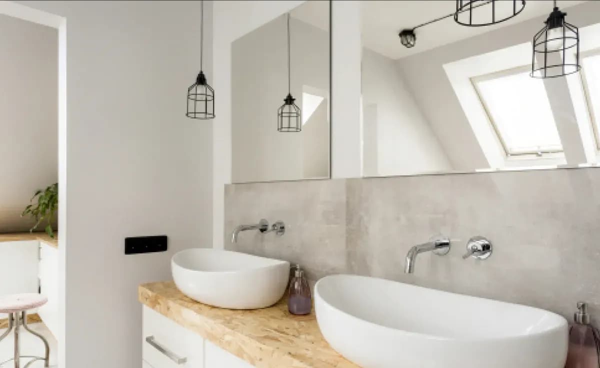 Modern bathroom with dual vessel sinks, elegant mirrors, and stylish lighting, featuring custom glass elements and a sleek aesthetic.