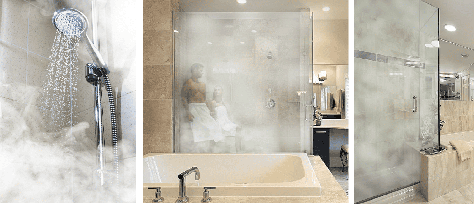 Three images of showers flush with steam in beige bathrooms