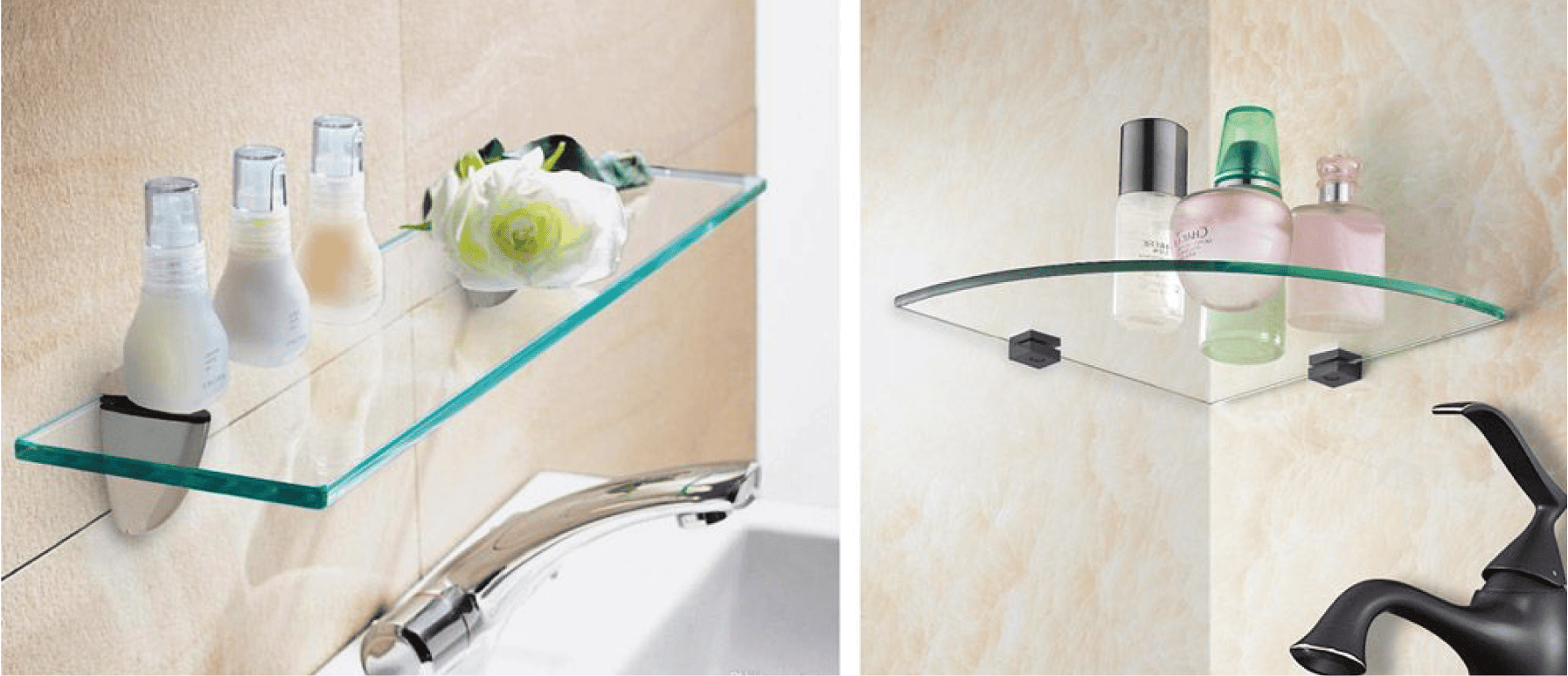 A bathroom glass shelf with a soap dispenser and soap, adding functionality and style to your bathroom decor.