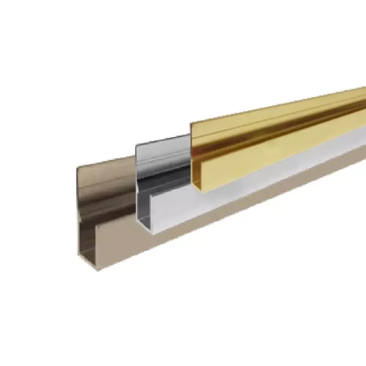 Three decorative glass channel profiles in gold, chrome, and brushed nickel finishes, ideal for shower doors, custom glass installations, and beveled glass edges.