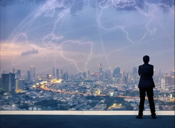 Business professional looking out over a city skyline with a digital globe, symbolizing innovation in custom glass solutions like shower doors, table tops, mirrors, tempered glass, and beveled glass edges.