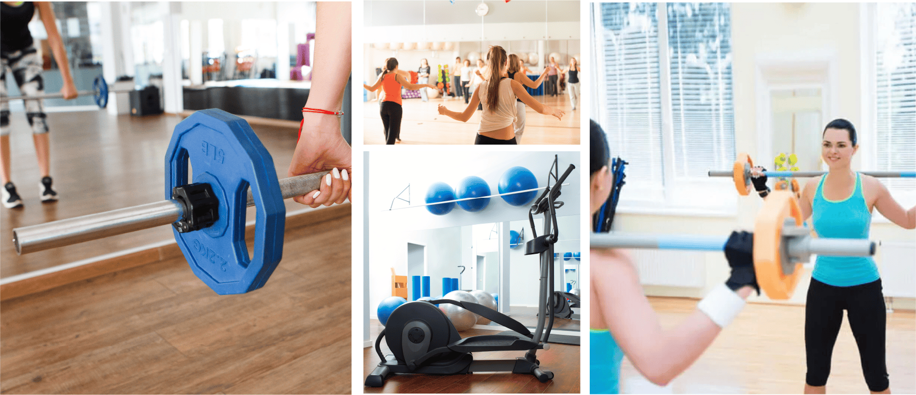A collage of exercise equipment, including treadmills, weights, and bikes, with gym mirrors in the background.