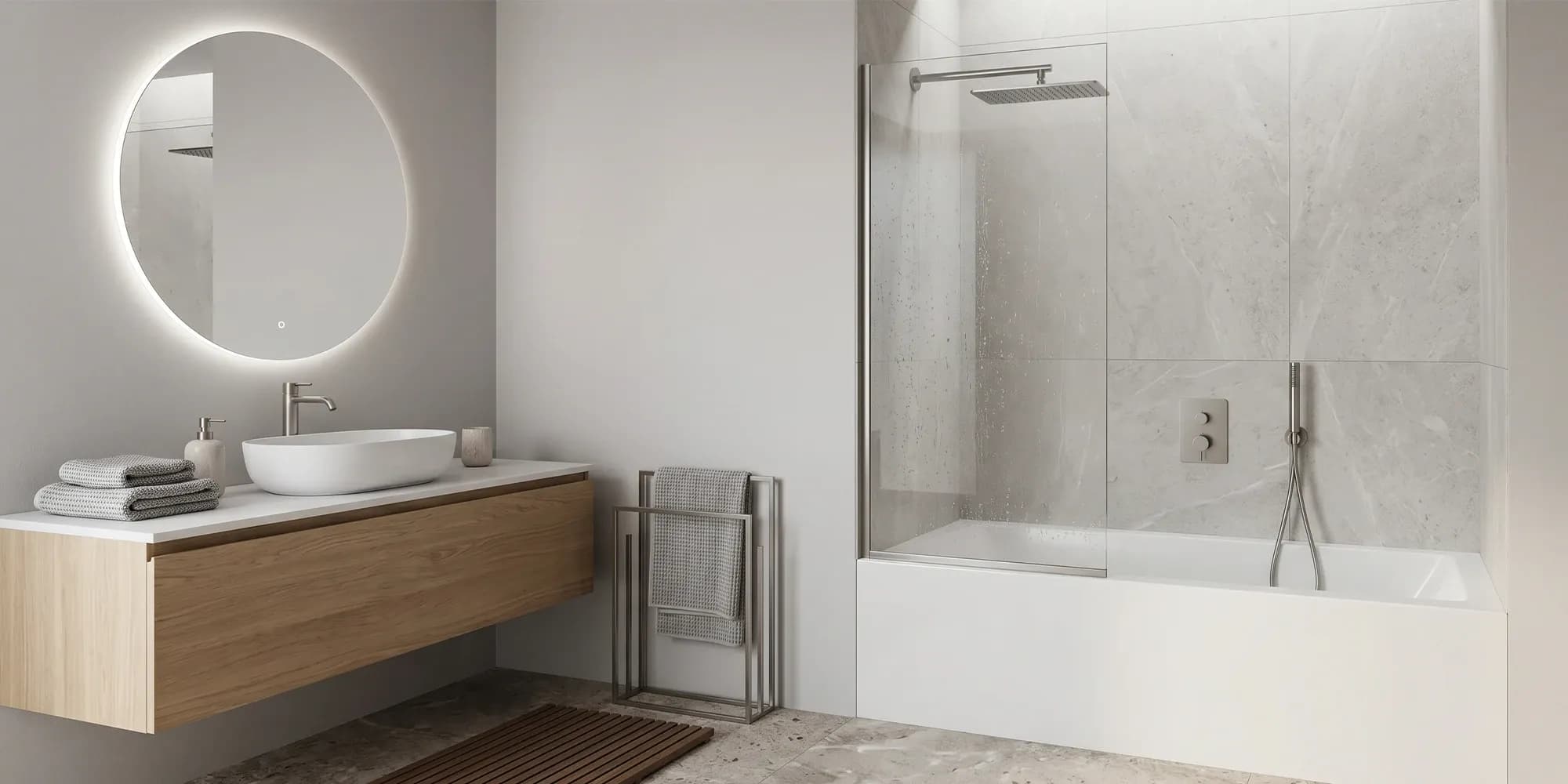 A clear tempered glass bathtub screen, the standard choice for most tub-shower combos