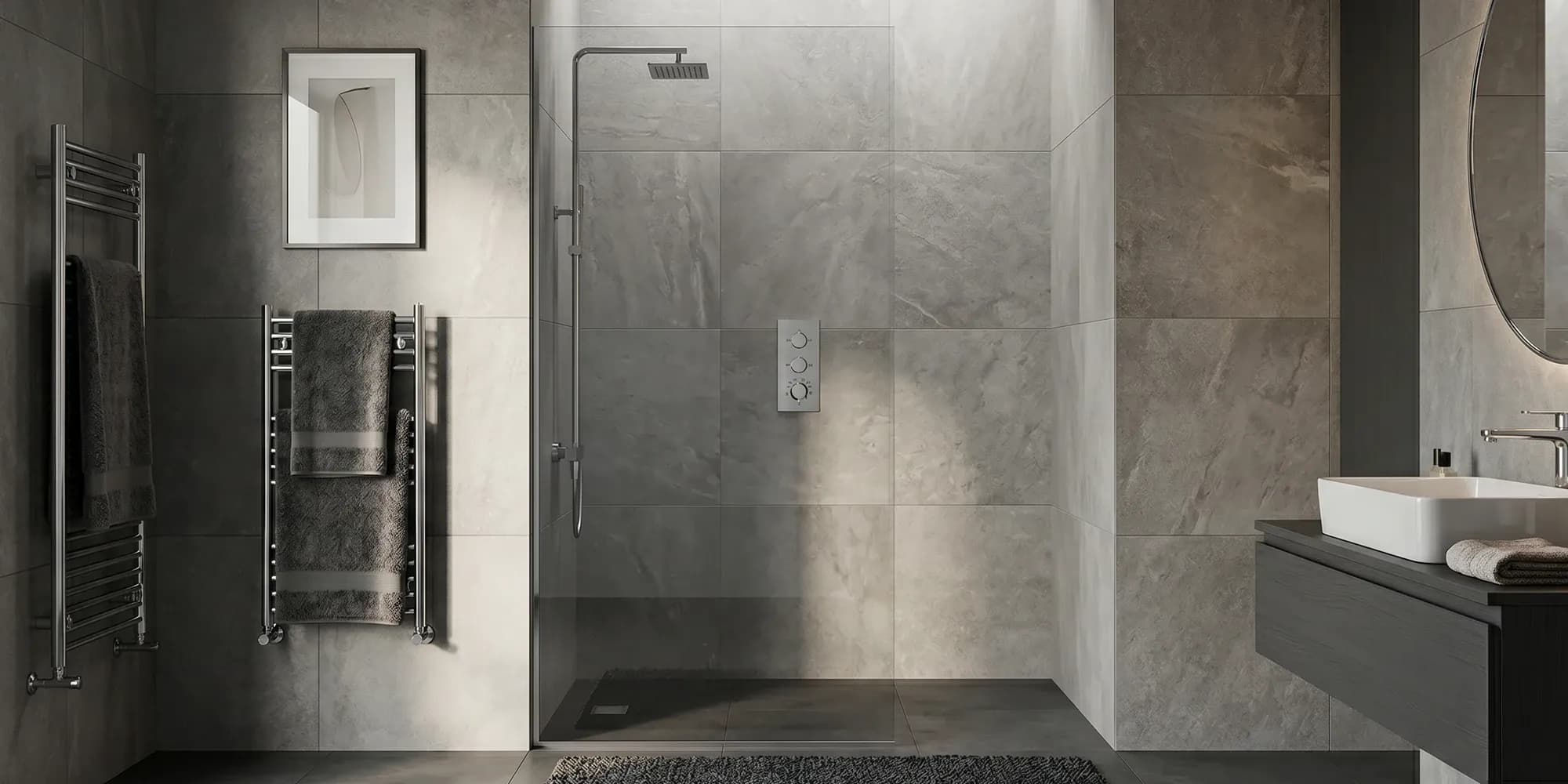 Fixed glass shower panel and a frameless hinged shower door compared in modern bathrooms