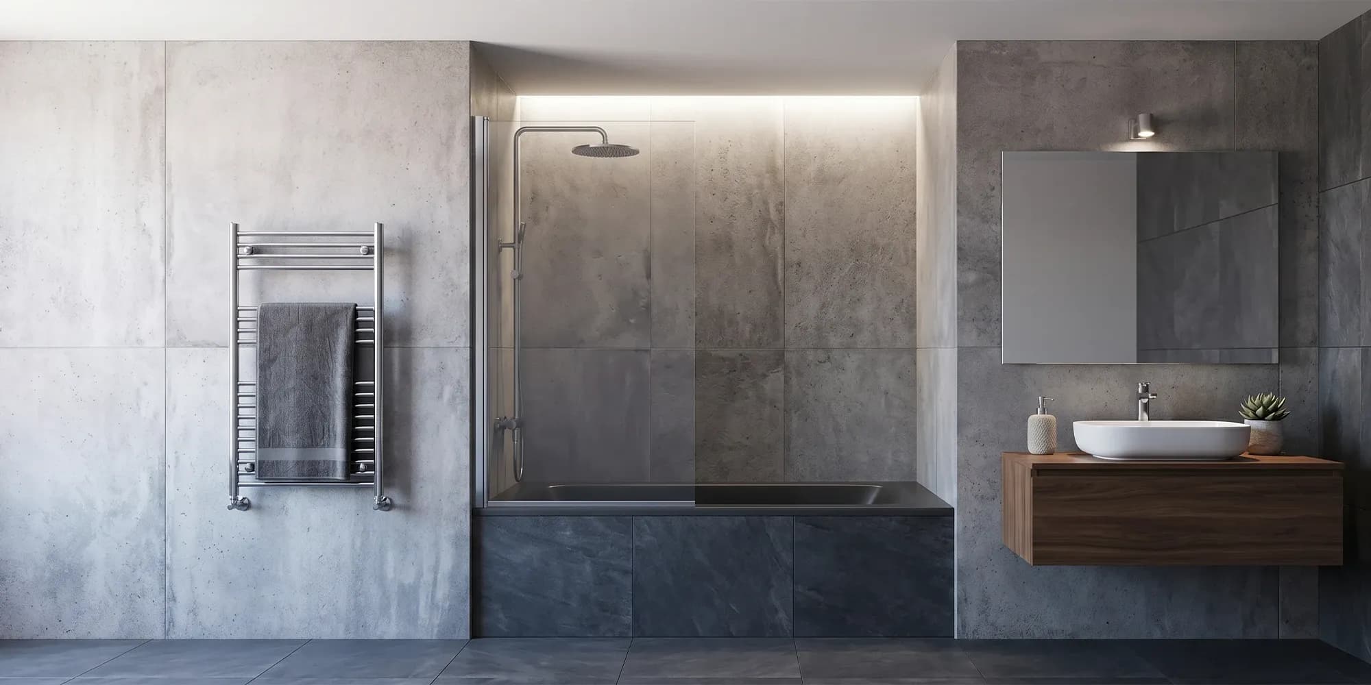 A fixed frameless glass tub screen on a standard alcove tub, one stationary panel
