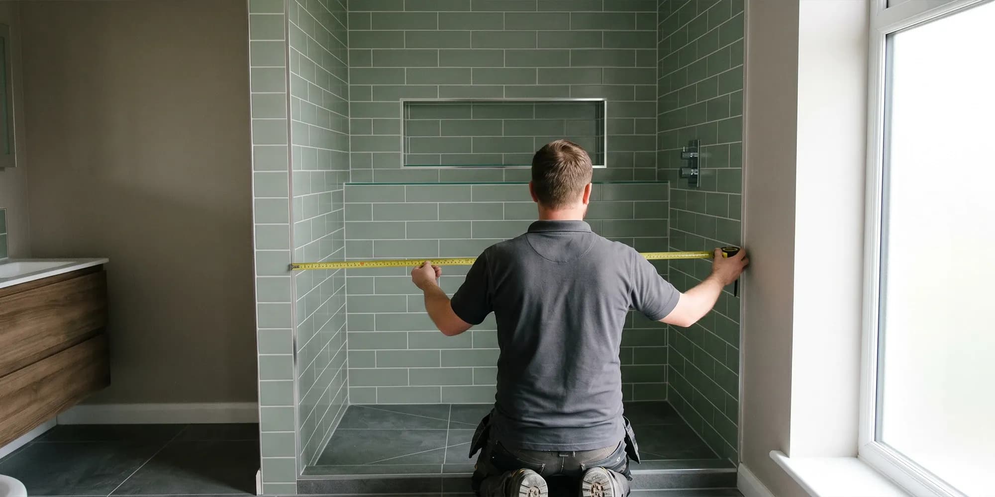 A Dulles Glass installer measuring a walk-in shower opening before fabrication
