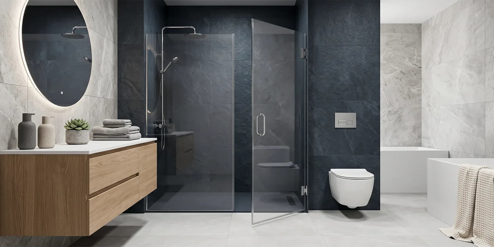 Diagram showing what hinged shower door swing clearance means as the glass panel sweeps an arc