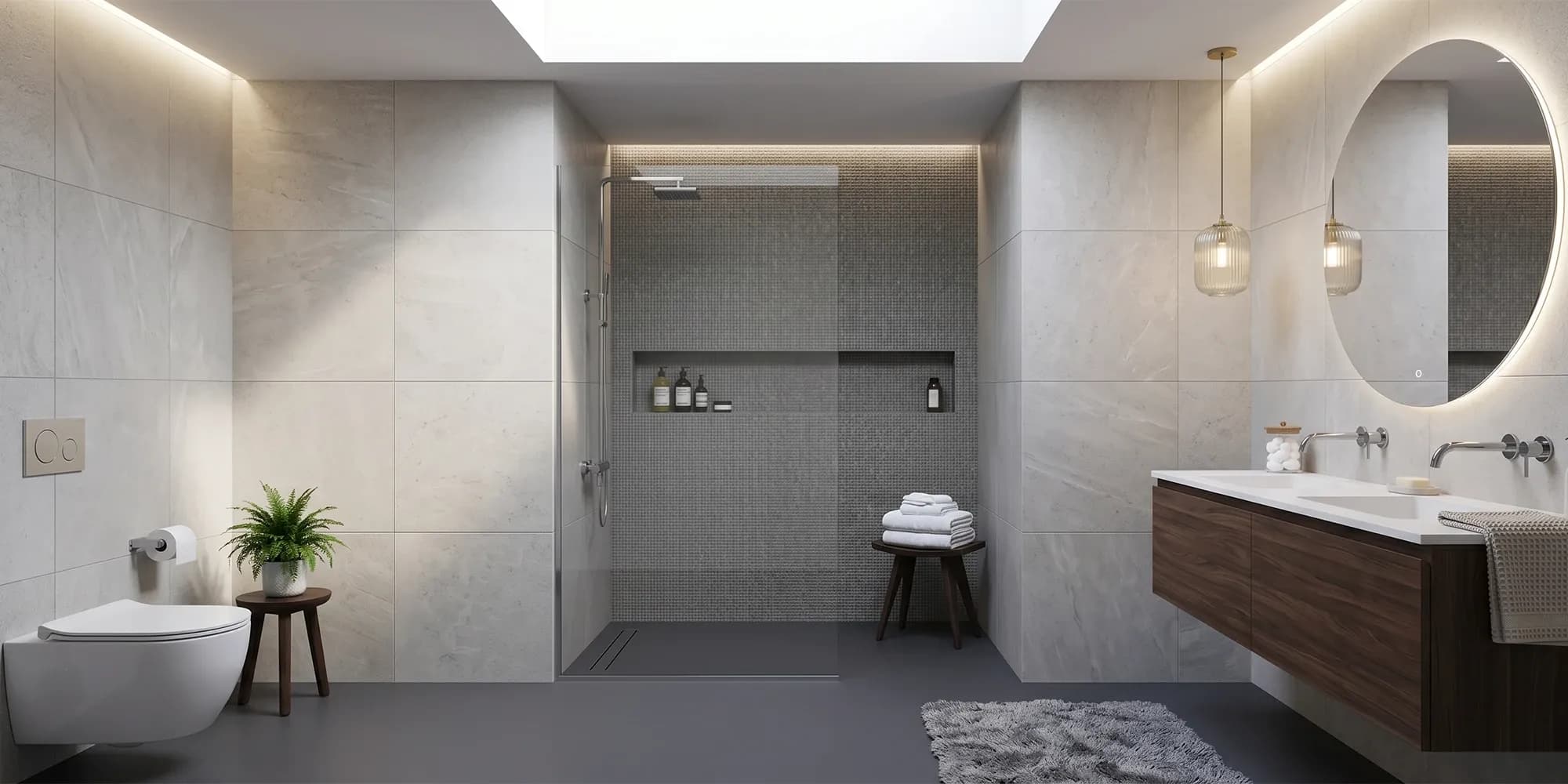 A prefabricated glass shower panel that fits a standard opening and ships ready to install