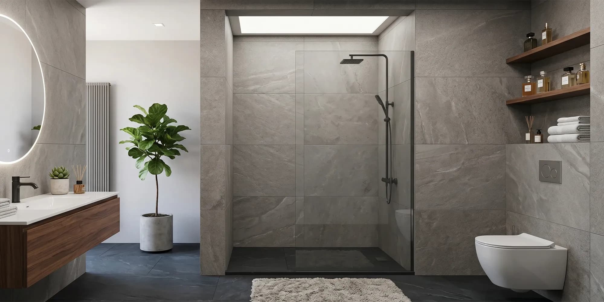 Single fixed shower screen on a walk-in shower with the back-wall shower head angled inward, panel covering two-thirds of the opening