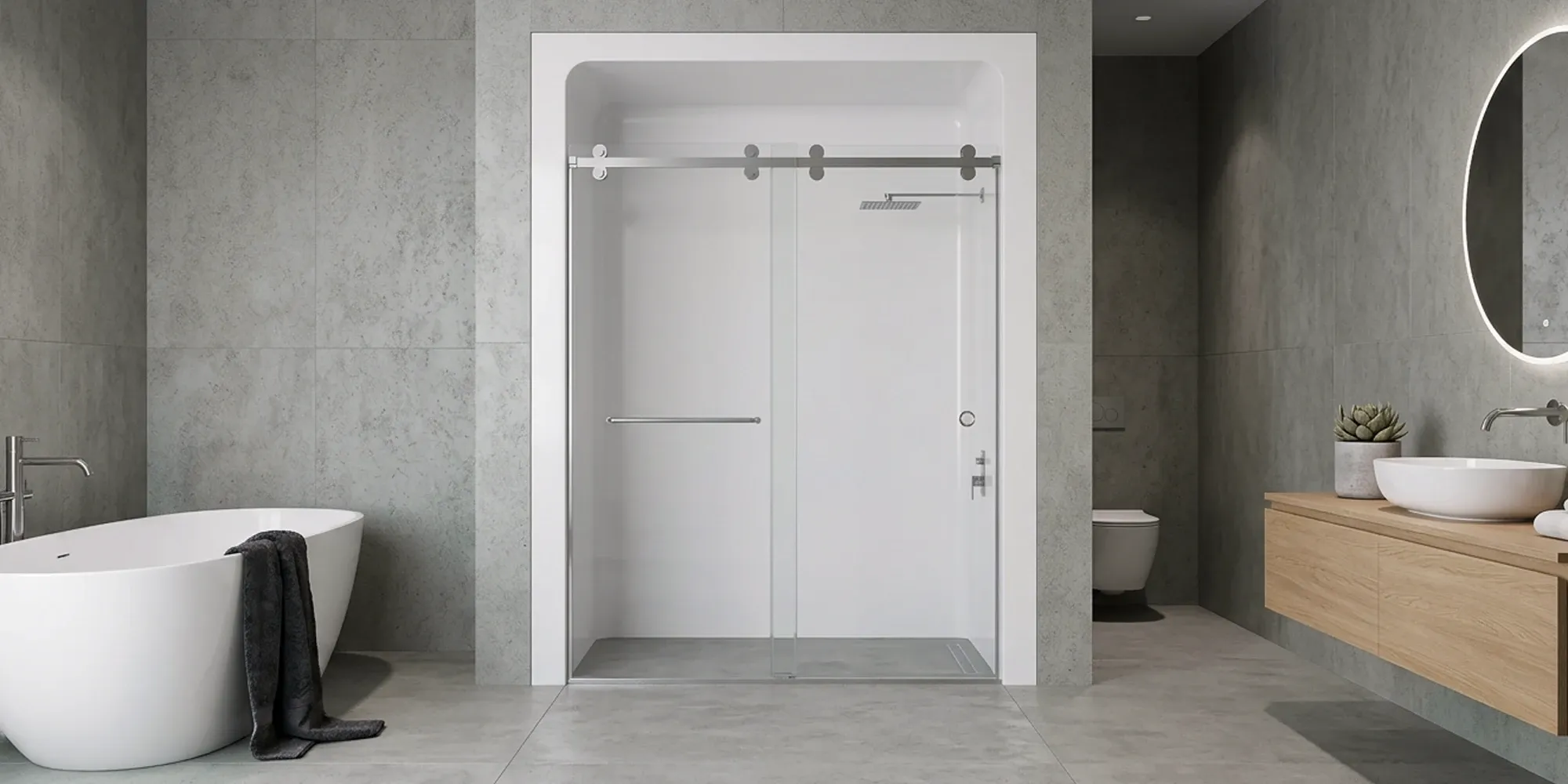 Frameless shower door installed on an acrylic surround using hardware selected for the wall type