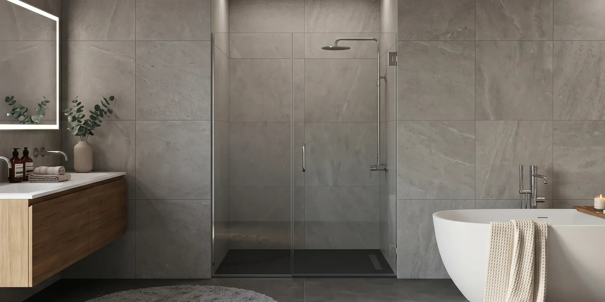 Modern bathroom featuring a glass-enclosed walk-in shower, freestanding white bathtub, and wood floating vanity with gray stone wall tiles.