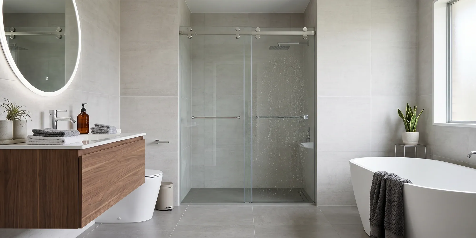 Frameless bypass sliding shower door with two overlapping glass panels in a modern bathroom
