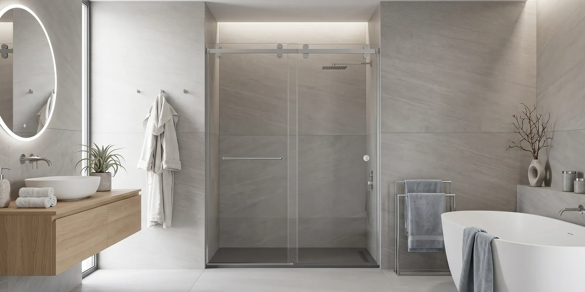 Edge-on comparison showing the green tint of standard clear glass next to colorless low-iron shower glass