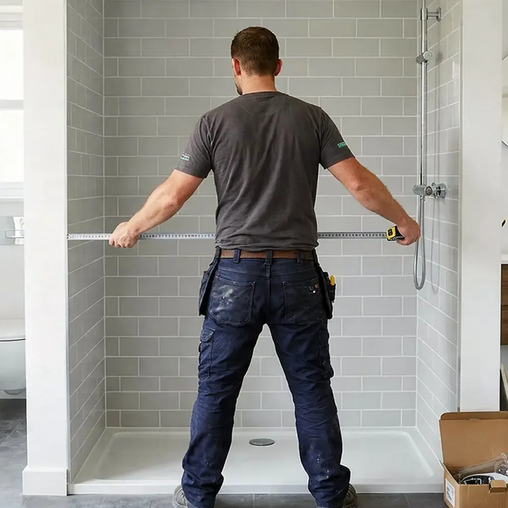 Measuring shower opening width at three heights with a steel tape for a sliding shower door
