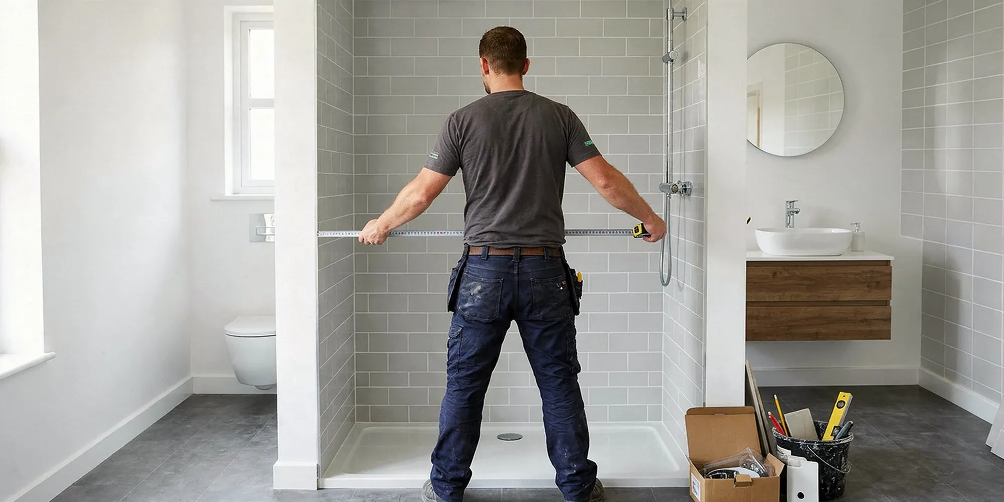 Measuring shower opening width at three heights with a steel tape for a sliding shower door