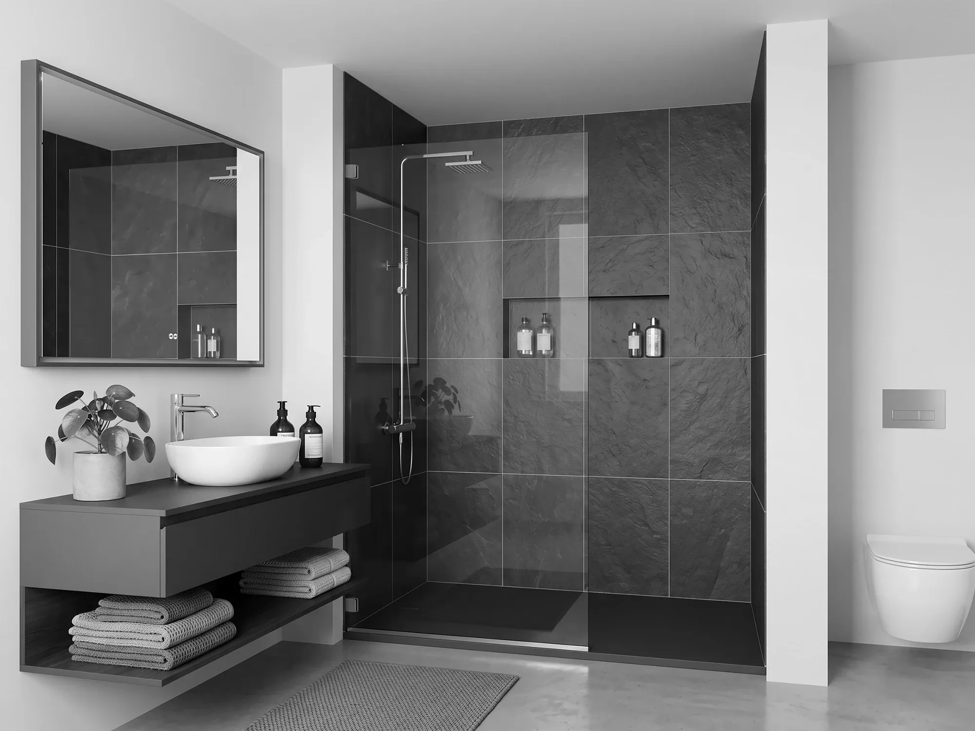 A 3/8-inch frameless fixed shower panel anchored with wall clamps and a base U-channel