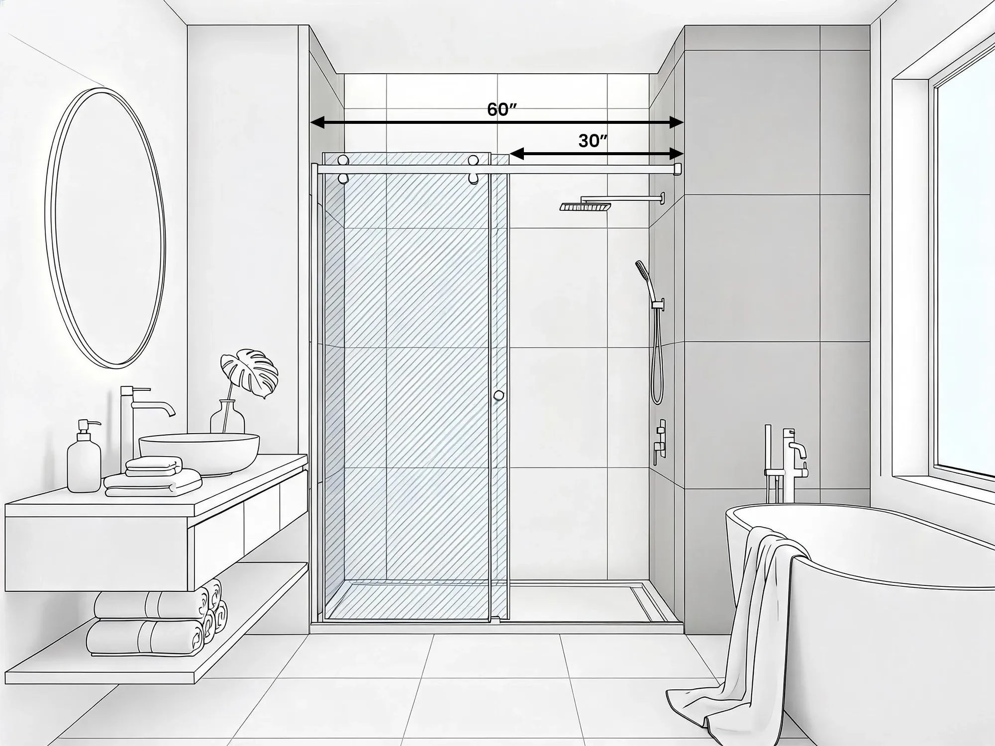 Diagram showing a 60-inch bypass shower door provides a 30-inch walk-through because one panel overlaps the other