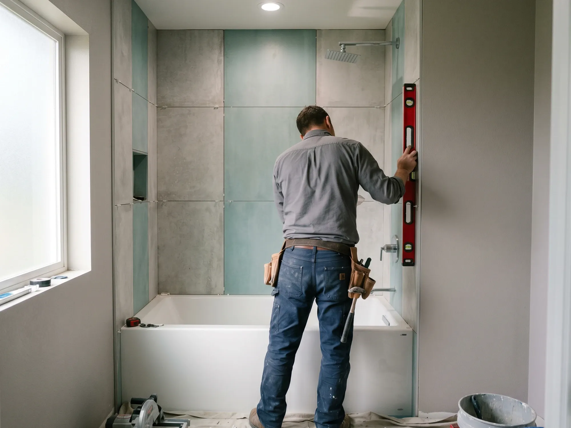 Checking the anchor wall for plumb with a 4-foot level before drilling