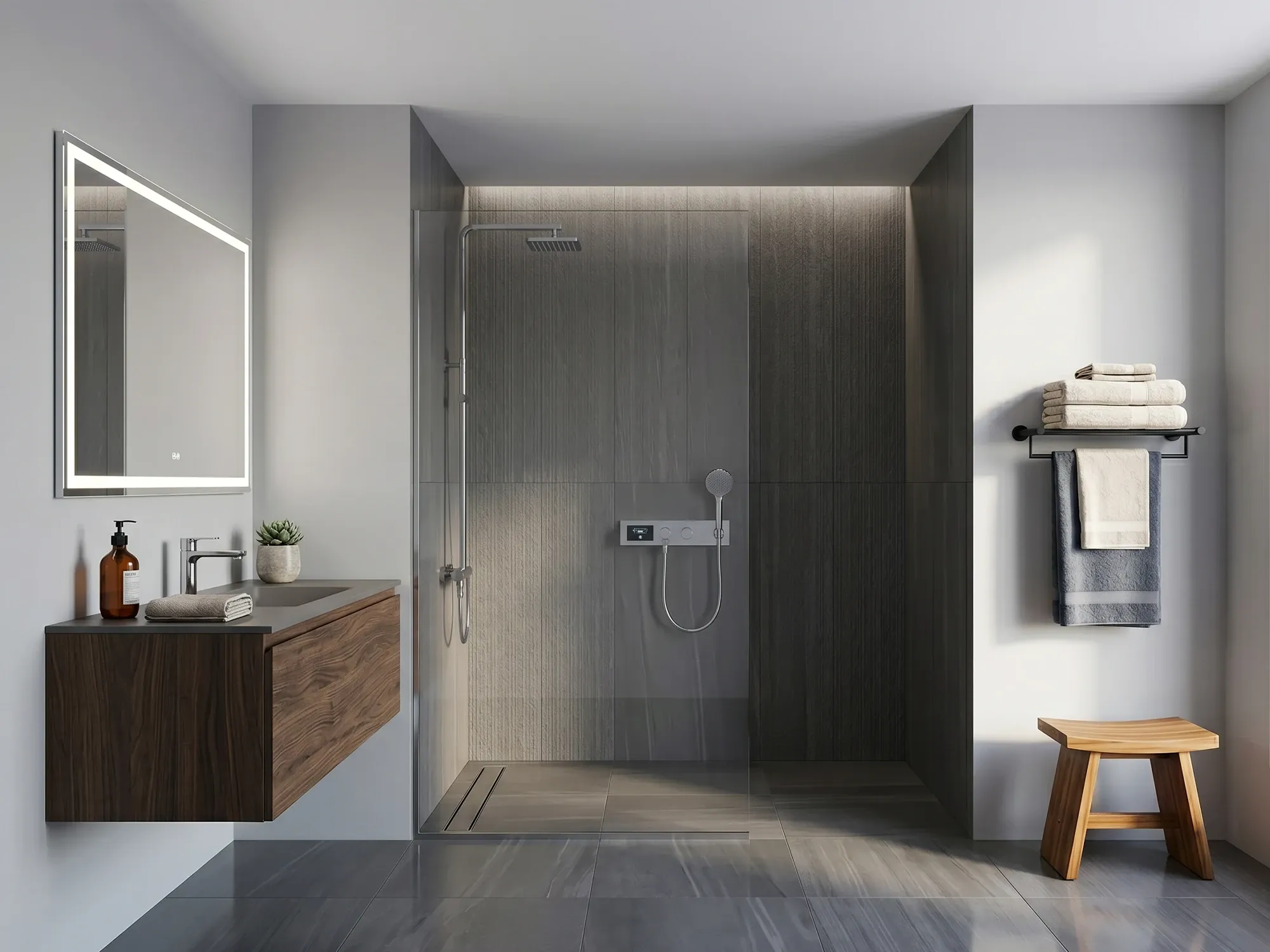 Measuring shower opening width at three heights — top, middle, and bottom — to find the tightest point